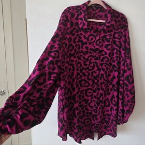SHEIN Oversized Fuchsia and Black Leopard Print Long Sleeve Blouse